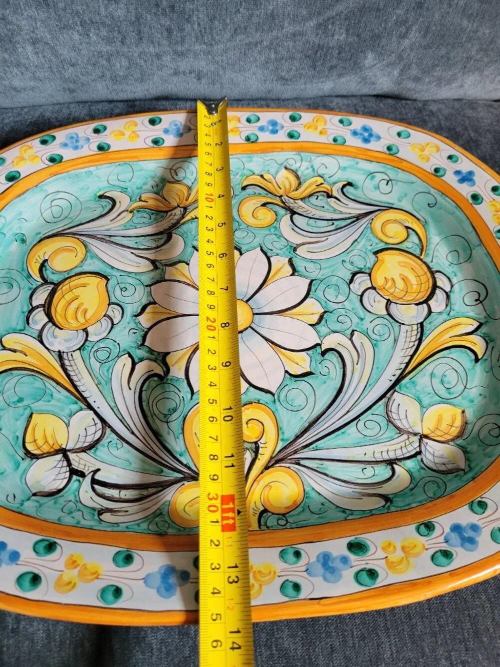 Caltagirone ITALIAN Ceramic Platter SIGNED 17 X 13 HAND PAINTED FLOWERS